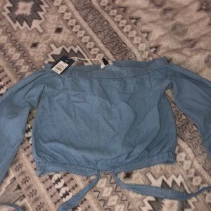 long sleeve denim cropped off the shoulder top